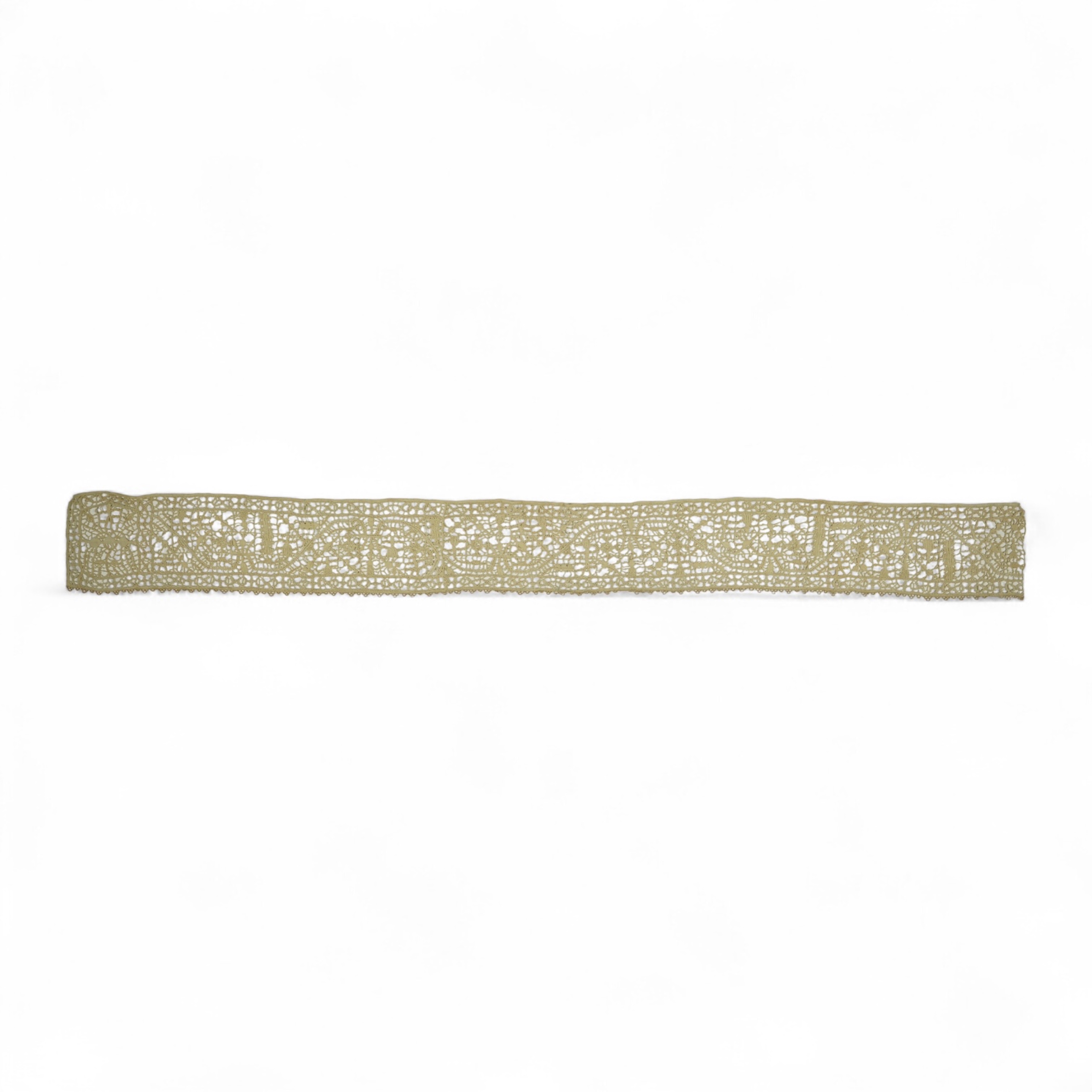 A length of late 16th early 17th century Venetian Reticella needle lace. Possibly cut from a wider panel or the edge to an Ecclesiastical robe or a furnishing lace. Designed with figures, worked in button hole stitch. 17